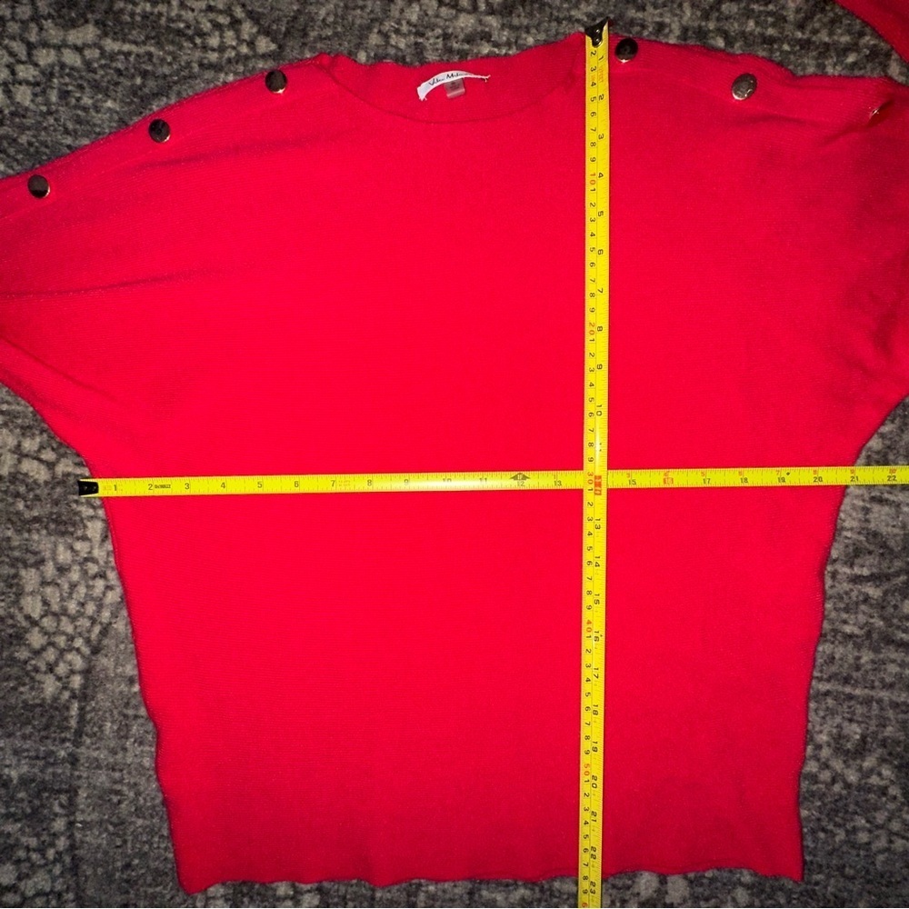 Vila Milano Women’s Size S Red Lightweight Knit Gold Faux Snap Up Arms Sweater - Picture 6 of 7